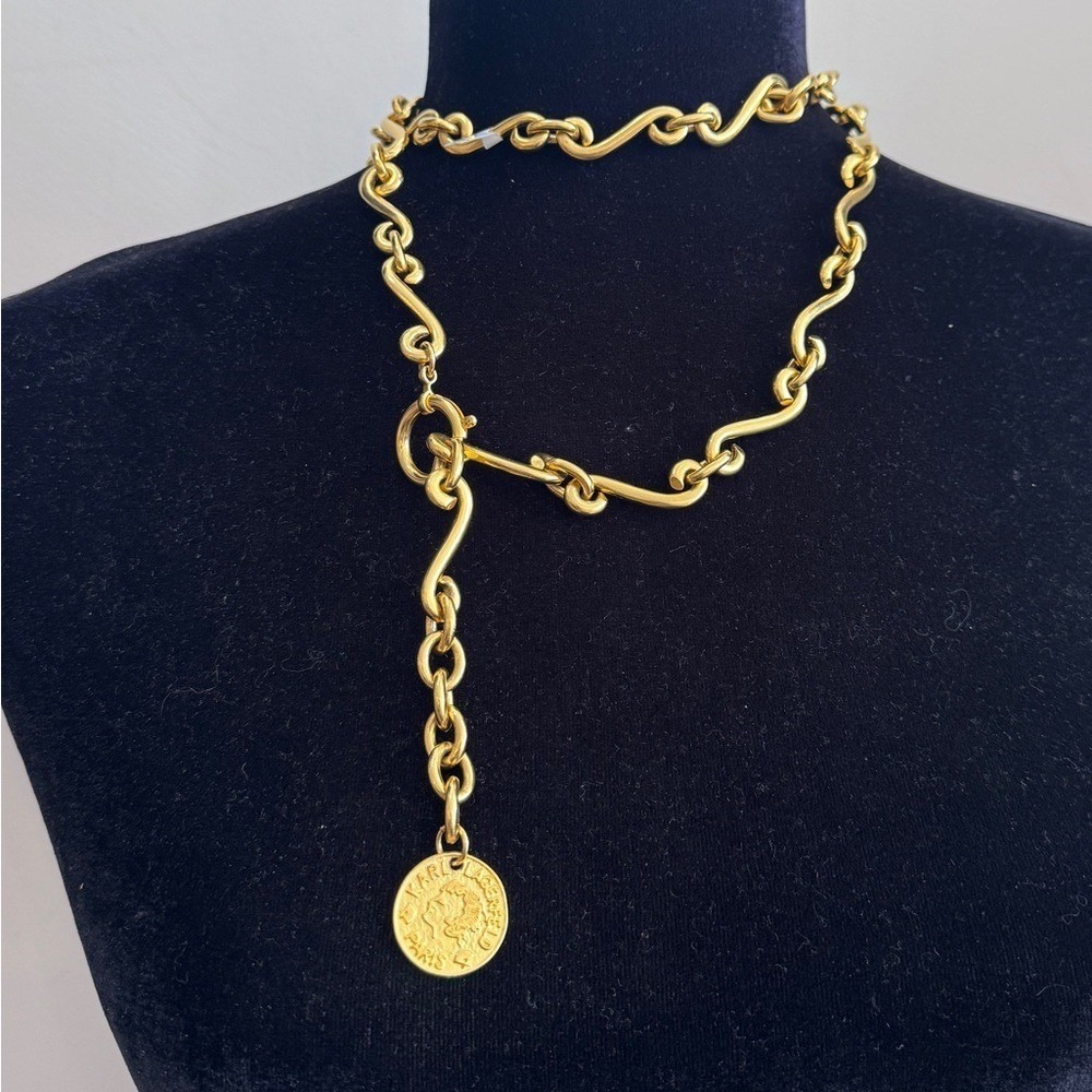 Rare!!Vintage Karl Lagerfeld Gold-tone ChainBelt Necklace‎ with Coin Pendant
